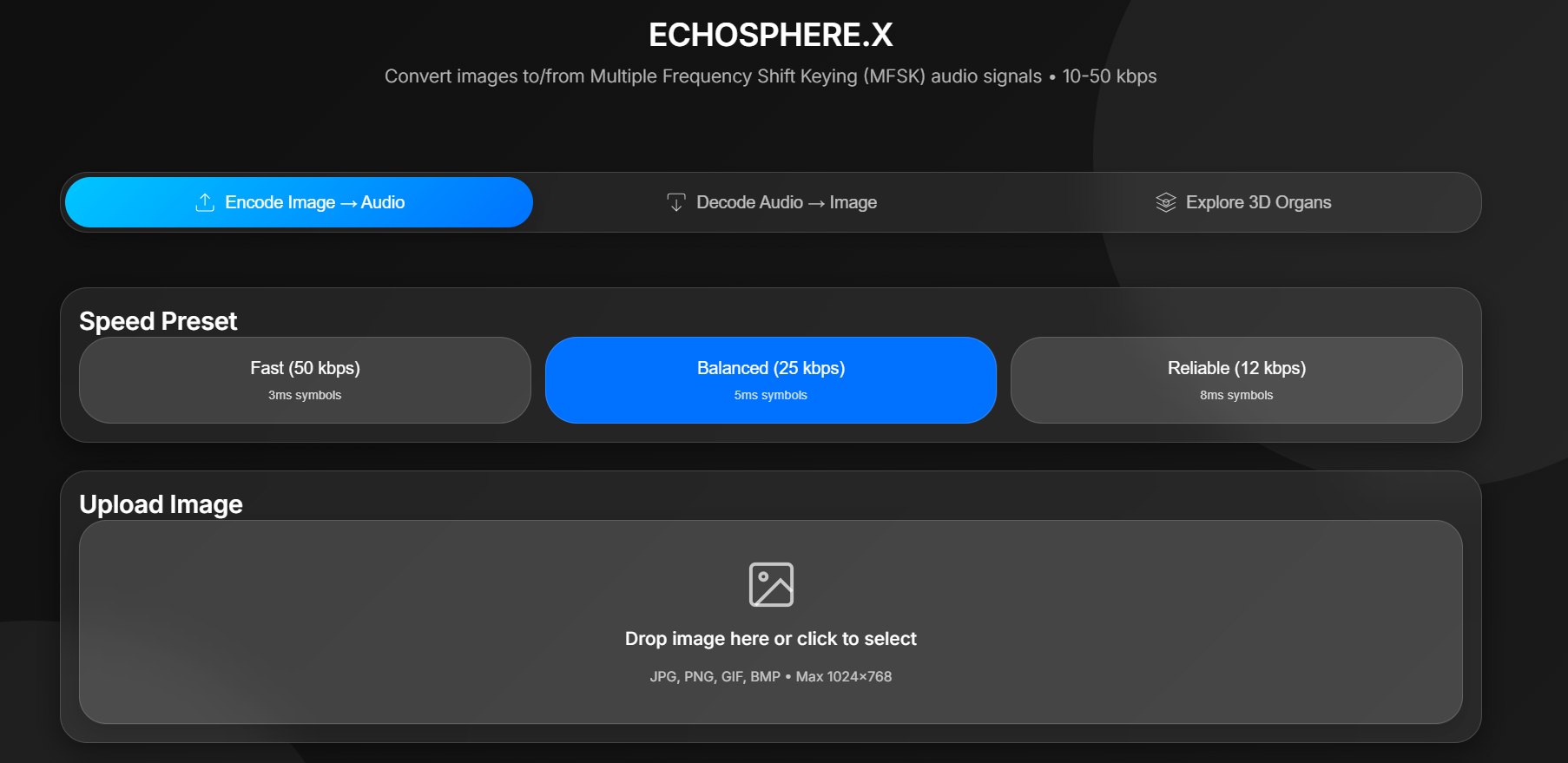 EchosphereX · MFSK image↔audio interface